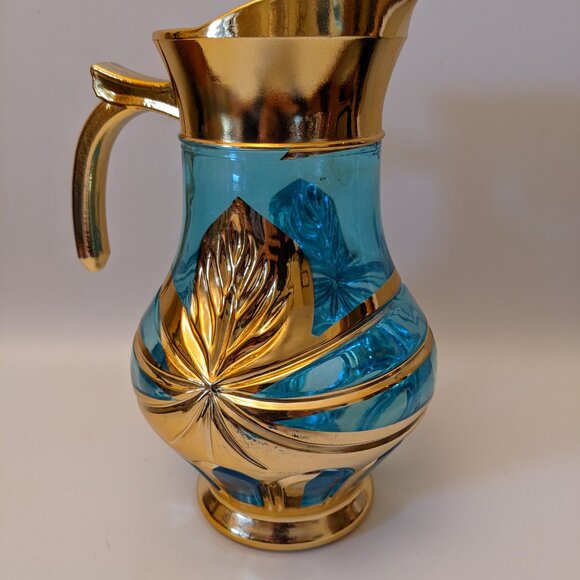 Vintage RARE Imperial Glass Blue & Gold Pitcher Set - Pitcher Jug 4 Goblets - Picture 6 of 13